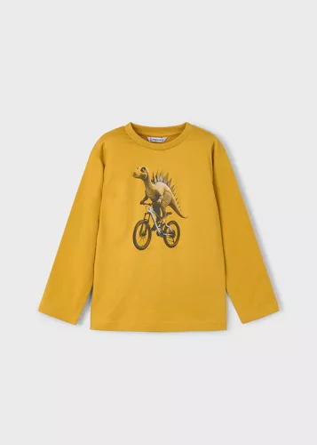 Mayoral fiú hosszú ujjú póló – mustársárga (Mostaza) szín, bicikliző dinoszaurusz mintával