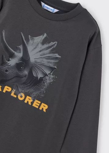 Mayoral fiú hosszú ujjú felső – dínó grafikával és „Explorer” felirattal, pizarra (szürke)