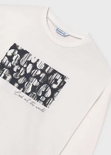 Mayoral lány grafikai póló – „Look at the world” felirattal, nata-petrol (világos krém és kékeszöld)